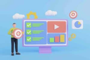 An animated visual of a guy holding a bulls eye target with his website and its metrics beside him. By tracking your website's ROI, you successfully create a valuable digital asset for you and your business.